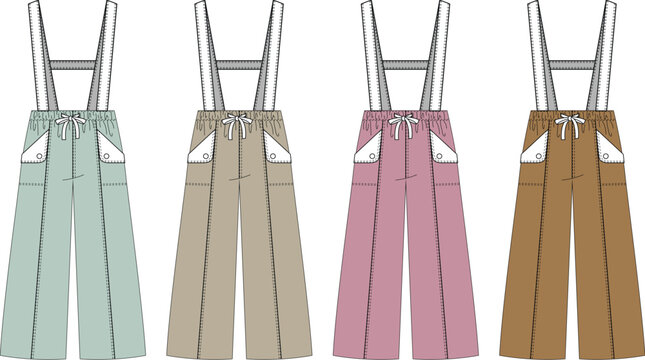 Set of four colorful wide-leg suspender pants for a versatile fashion collection. Technical flat sketch illustration for apparel design and clothing mockups