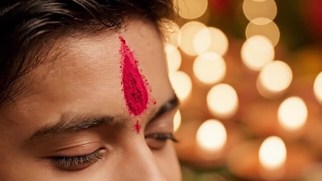 traditional indian woman applies kumkum tilak on man's forehead