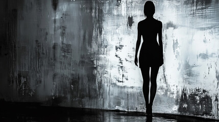 Fototapeta premium Abstract single person silhouette in black and white noir street scene watercolor charcoal light shadows negative space copy space mental health illness depression out of darkness loneliness confusion