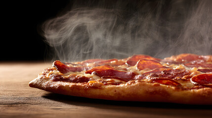 hunger. A close-up of a freshly baked pepperoni pizza with melted cheese and steam rising. representing modern convenience, menu design, designed for culinary blogs and recipe cards for restaurants.