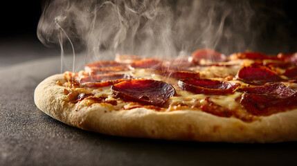 hunger. A close-up of a freshly baked pepperoni pizza with melted cheese and steam rising. representing modern convenience, menu design, designed for culinary blogs and recipe cards for restaurants.