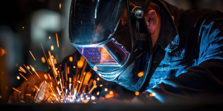A High Resolution image of welder in protective gear working with sparks flying during welding.
