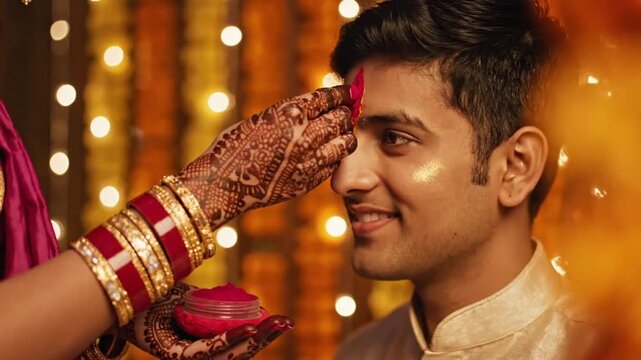 traditional indian woman applies kumkum man's forehead
