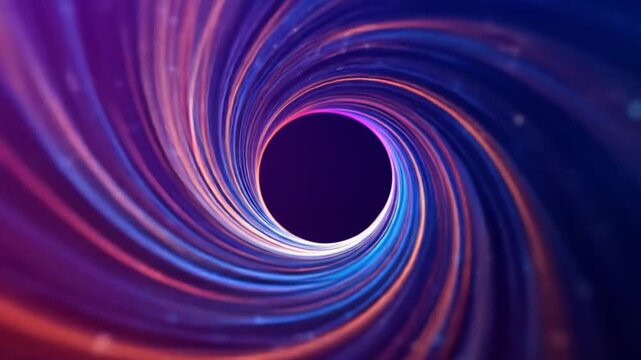 A swirling vortex of colorful light ribbons, flowing into a dark, central circular void