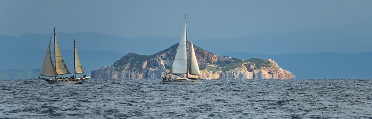 Fototapeta premium Rio Marina, Elba, Tuscany, Italy, Europe - 25 September 2025, sailboats in the bay