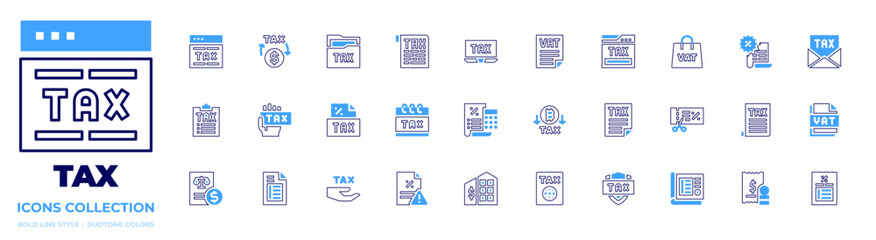 Tax icon collection. Bold line style. Duotone colors. refund, vat, tax, bill, calendar, website, taxes, tax office, folder, shield