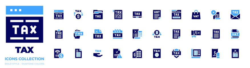 Tax icon collection. Bold style. Duotone colors. refund, vat, tax, bill, calendar, website, taxes, tax office, folder, shield