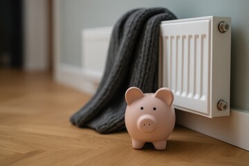 Piggy bank next to radiator covered with a warm blanket, symbolizing rising heating costs and high energy prices in winter. Concept of home expenses and energy saving