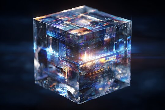 A translucent cube with internal circuitry and glowing elements floating in dark space background