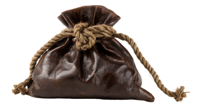 A small dark textured drawstring pouch isolated on transparent background