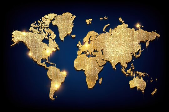 Illuminated world map with golden details showcasing global connectivity and geographical intricacies captured against a deep blue backdrop radiating sophistication and elegance in design
