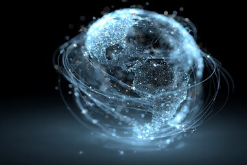 Digital earth globe with glowing dots and lines showing network connections on a dark background
