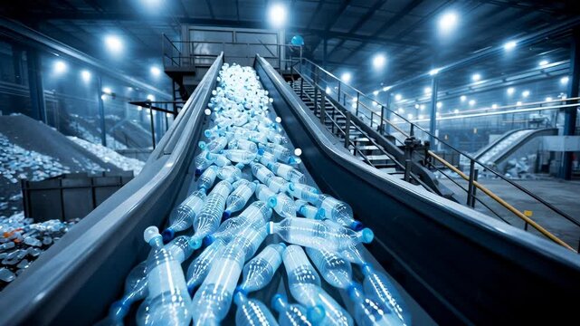 Large conveyor line carrying plastic bottles in a spacious recycling plant, symbolizing technological progress in waste sorting and sustainability concept