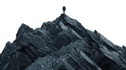 A lone figure stands triumphantly atop a rugged, dark mountain peak against a stark white sky, symbolizing achievement and solitude isolated on transparent background