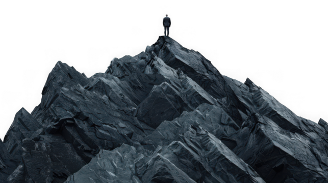 A lone figure stands triumphantly atop a rugged, dark mountain peak against a stark white sky, symbolizing achievement and solitude isolated on transparent background