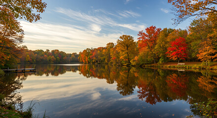 Vibrant autumn trees reflecting in a calm lake under a blue sky