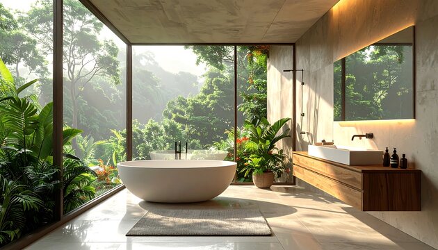 Luxurious bathroom with a tub overlooking a lush, green forest through large windows. Bright, serene, natural light