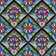 Stained glass floral mosaic seamless pattern