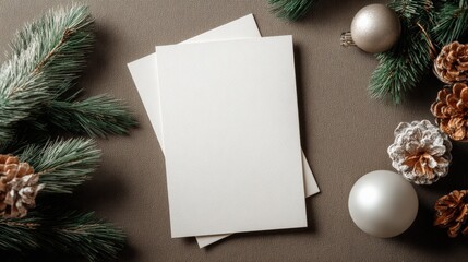Elegant Holiday Stationery Mockup with Pine Cones and Ornaments on Neutral Background for Festive Greetings