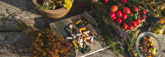 medicinal herbs and supplements. Selective focus.