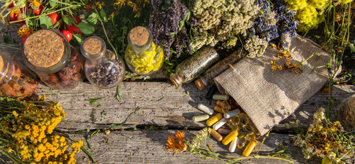 medicinal herbs and supplements. Selective focus.