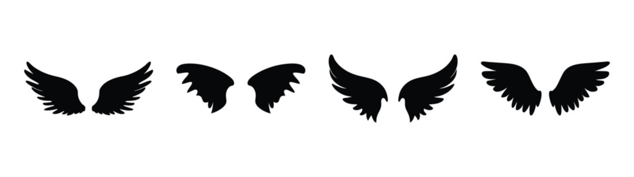 Four sets of black feathered wings in varied styles symbolizing freedom broken or angelic grace elements