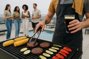 Man grilling vegetables and burgers on rooftop barbecue while holding drink, with group of friends socializing near pool in background. Ai generative. Ai generative