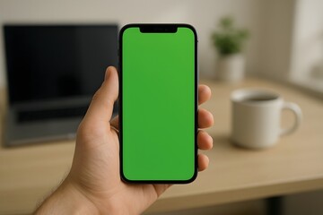 Hands hold a vibrant green screen smartphone displaying digital content in a modern, bright office setting with a laptop and coffee cup