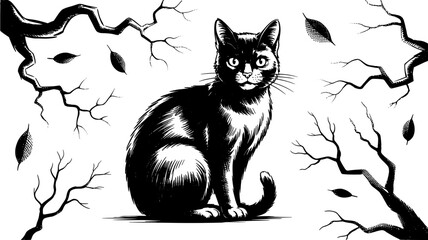 Fototapeta premium a black cat sitting among tree branches and scattered leaves, featuring elegant composition and detailed texture.