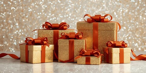 Elegant golden presents with red bows creating a luxurious holiday scene