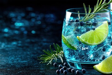 Refreshing blue cocktail artfully garnished with lime wedges and blueberries creates an inviting atmosphere ideal for summer gatherings and showcases the essence of trendy beverage culture