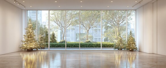 Modern Gallery Space with Christmas Trees and City View Through Large Window, Neutral Colors
