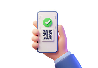 Human hand holding a modern smartphone displaying a green checkmark and qr code on a transparent background isolated on transparent background