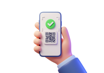 Human hand holding a modern smartphone displaying a green checkmark and qr code on a transparent background isolated on transparent background