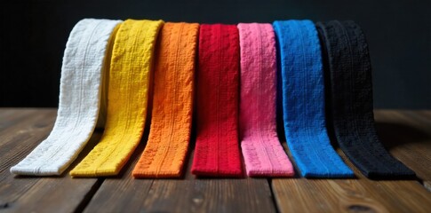 Karate Belt Progression on a Wooden Surface A perfectly arranged gradient of colorful karate belts (white to black) fanned out on a textured, rustic wooden table. The belts are clean and unblemished.