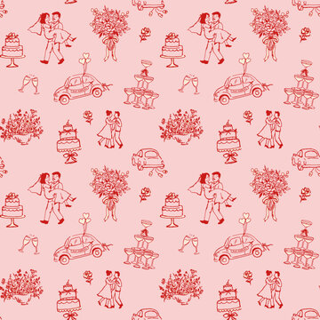 Vector seamless wedding pattern with bride and groom, cake, bouquet and romantic elements. Hand-drawn black and white illustration.