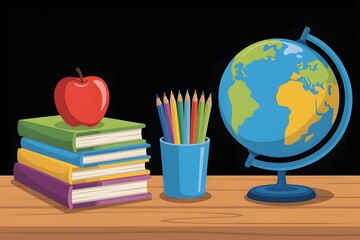  Back to School Education Concept with Stack of Books, Apple, Globe, and Pencils on Desk, books and globe
