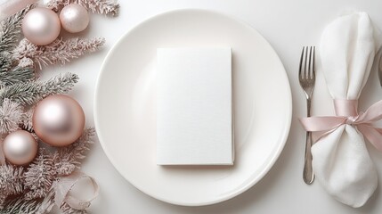 Elegant Holiday Table Setting with Pink Ornaments and Blank Card Mockup for Festive Celebrations