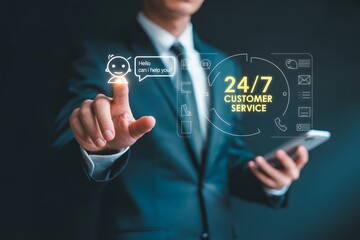  Businessman Holding Customer Service Contact Icons: Email, Phone, Chat, and 24/7 Support, businessman pressing virtual button on a virtual screen