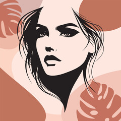Silhouette portrait of a girl. Vector illustration against a background of monstera flowers.
