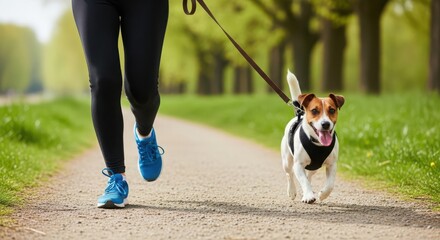 Woman running with her dog on a path in a park during springtime