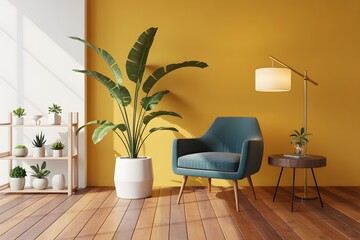 Mid-Century Modern Living Room with Teal Armchair, Mustard Yellow Wall, and Indoor Plants, modern living room with sofa
