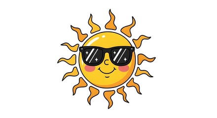 Cheerful cartoon sun wearing sunglasses, radiating warmth and positivity against a bright background