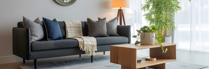 Modern Living Room Interior with Dark Sofa, Wooden Coffee Table, and Large Indoor Plant, living room interior