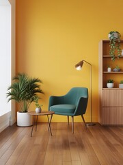Mid-Century Modern Living Room with Teal Armchair, Mustard Yellow Wall, and Indoor Plants, modern living room with sofa