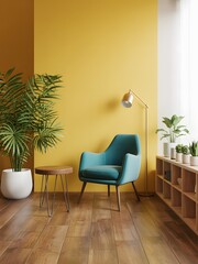 Mid-Century Modern Living Room with Teal Armchair, Mustard Yellow Wall, and Indoor Plants, modern living room with sofa
