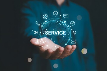 hand pushing a button on a touch screen interface, Hand Holding Global Customer Service Sphere with Digital Support and Contact Icons