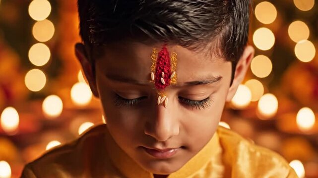 devoted indian boy with tilak celebrating festival lights