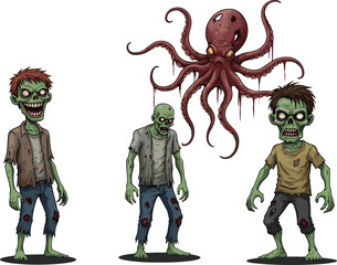 PrintCreepy cartoon zombies and bloody octopus monster, horror illustration for Halloween design, scary undead sea creature art, spooky fantasy artwork