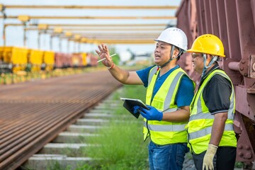 Locomotive Front Inspection by Engineer Teamwork Professional Team Railway Maintenance Two Technician Collaborating on Train Track Engine Train Coupling System, locomotive check by worker rail engine